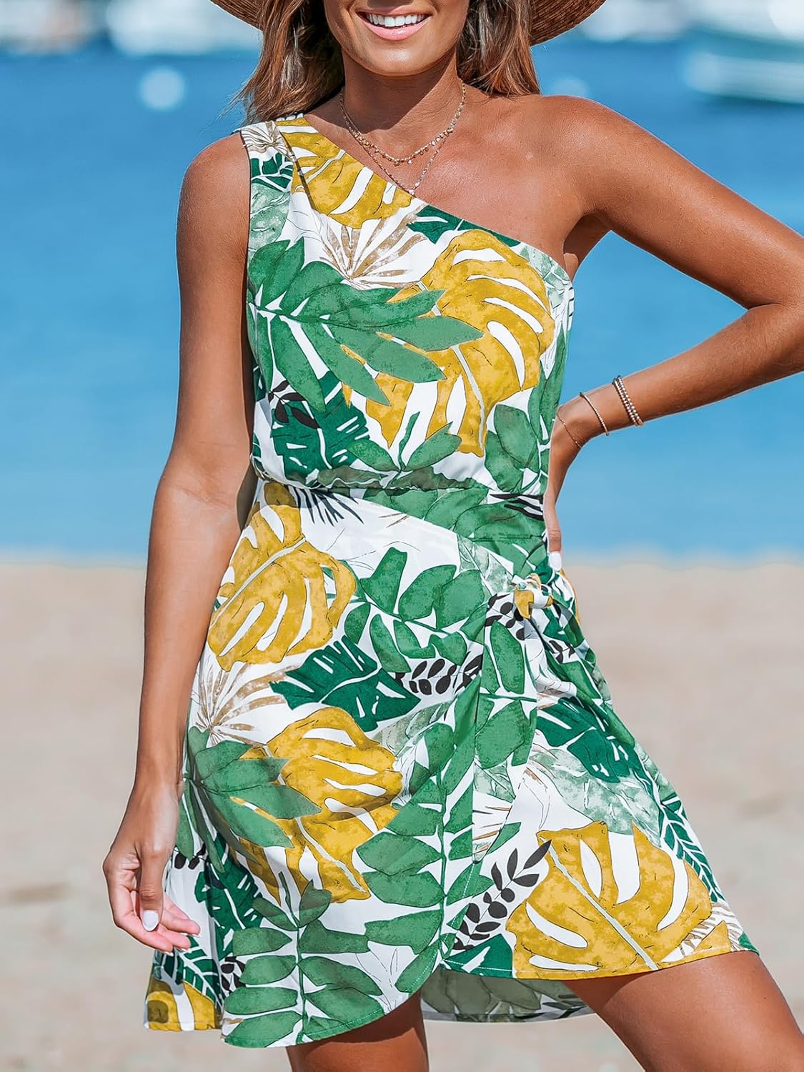 CUPSHE Women's One Shoulder Leaf Print Self-tie Short Dress Sleeveless Tiered Hem Formal Dress Casual Mini Dress - Image 4