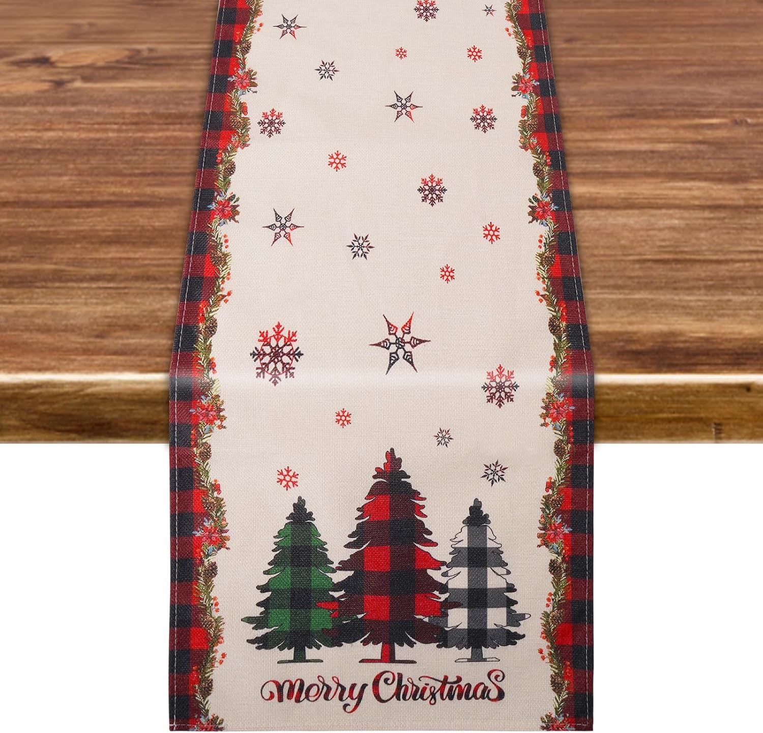 KENOBE Red Pine Trees Christmas Table Runner, Seasonal Winter Holiday Kitchen Dining Table Decoration Snowman Merry Xmas Table Runner for Indoor Outdoor Home Party Decor 13 x 72 inch 13" x 72" Red Pine Trees