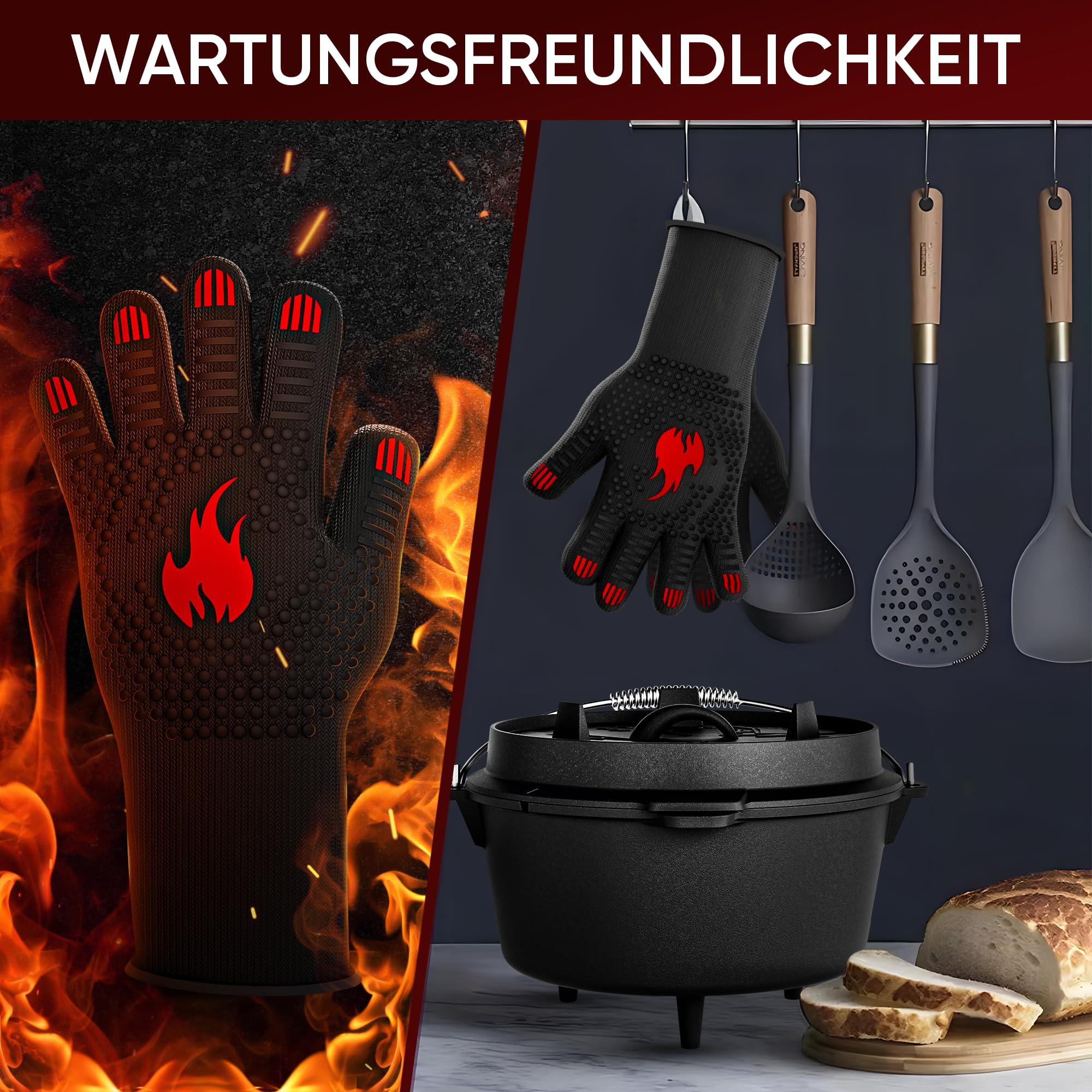 GUSSKÖNIG Grillhandschuhe hitzebeständig bis 800 Grad (X-S) - feuerfeste Handschuhe aus Aramid - Grillhandschuh Kochhandschuhe für Indoor&Outdoor Kochen (Rot)