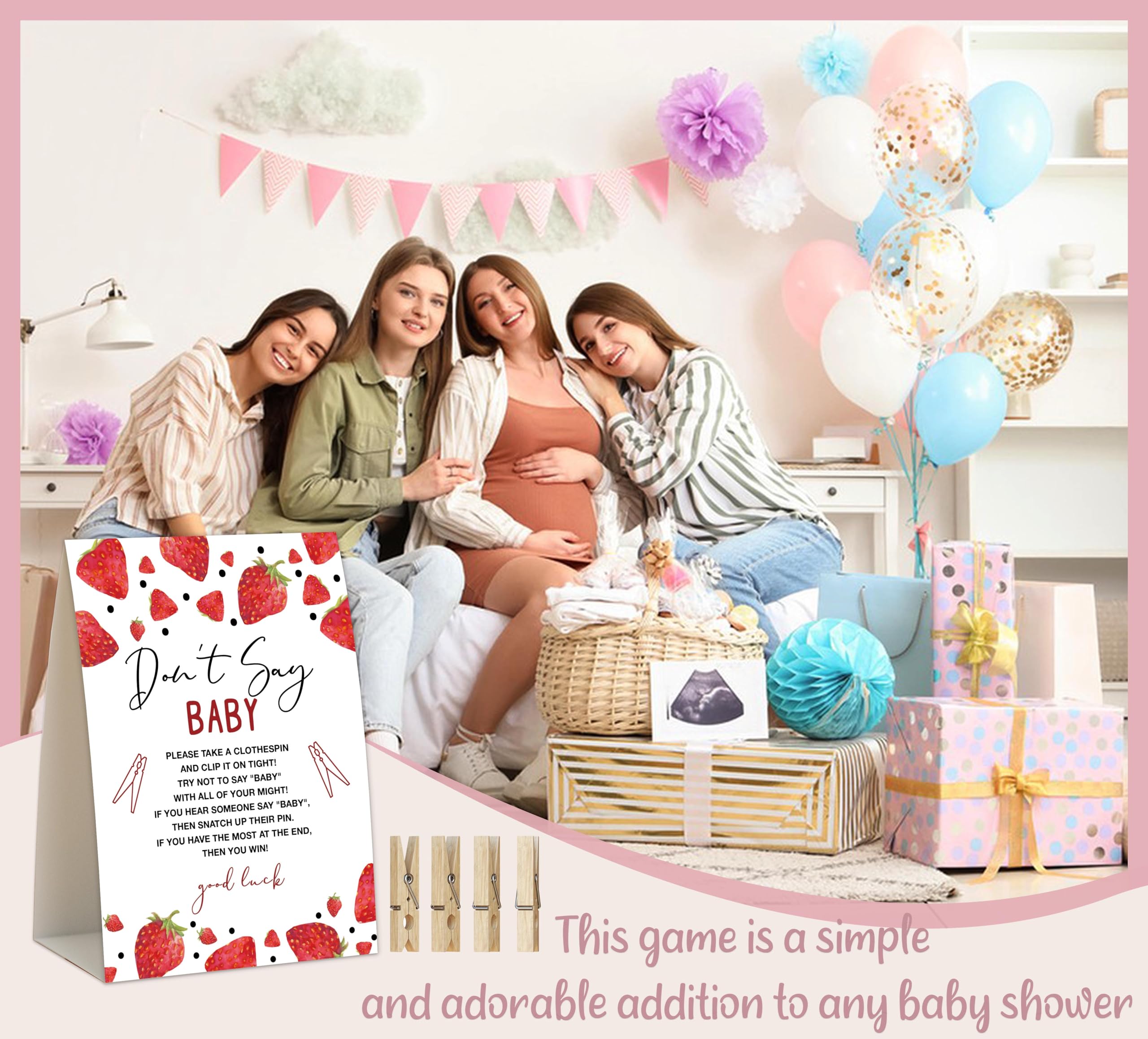 "Don't Say Baby" Baby Shower Game - Strawberry Wooden Sign With Stand & 50 Clothespins