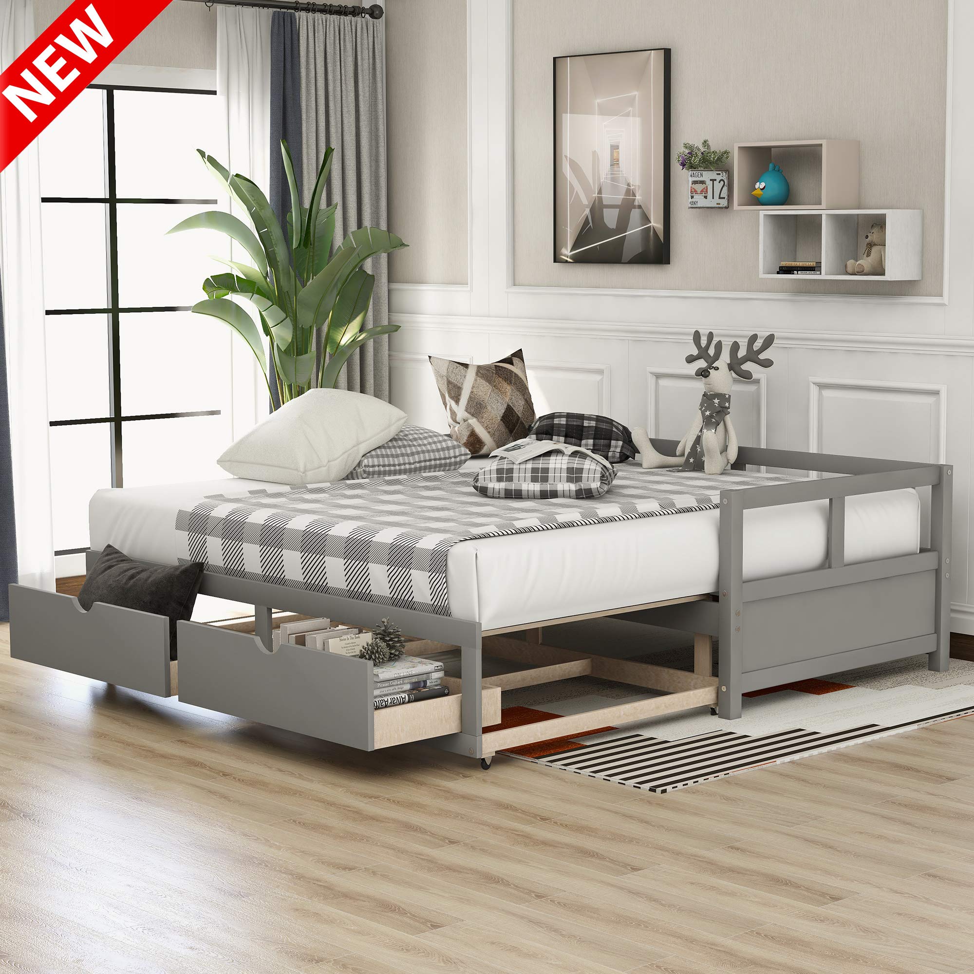 DANGRUUT Upgraded Version Wooden Daybed with Trundle Bed and Two Storage Drawers, Luxurious Bed Daybed Can be Extendable from Twin Size to King Size, Sofa Bed for Bedroom Living Room (Grey)