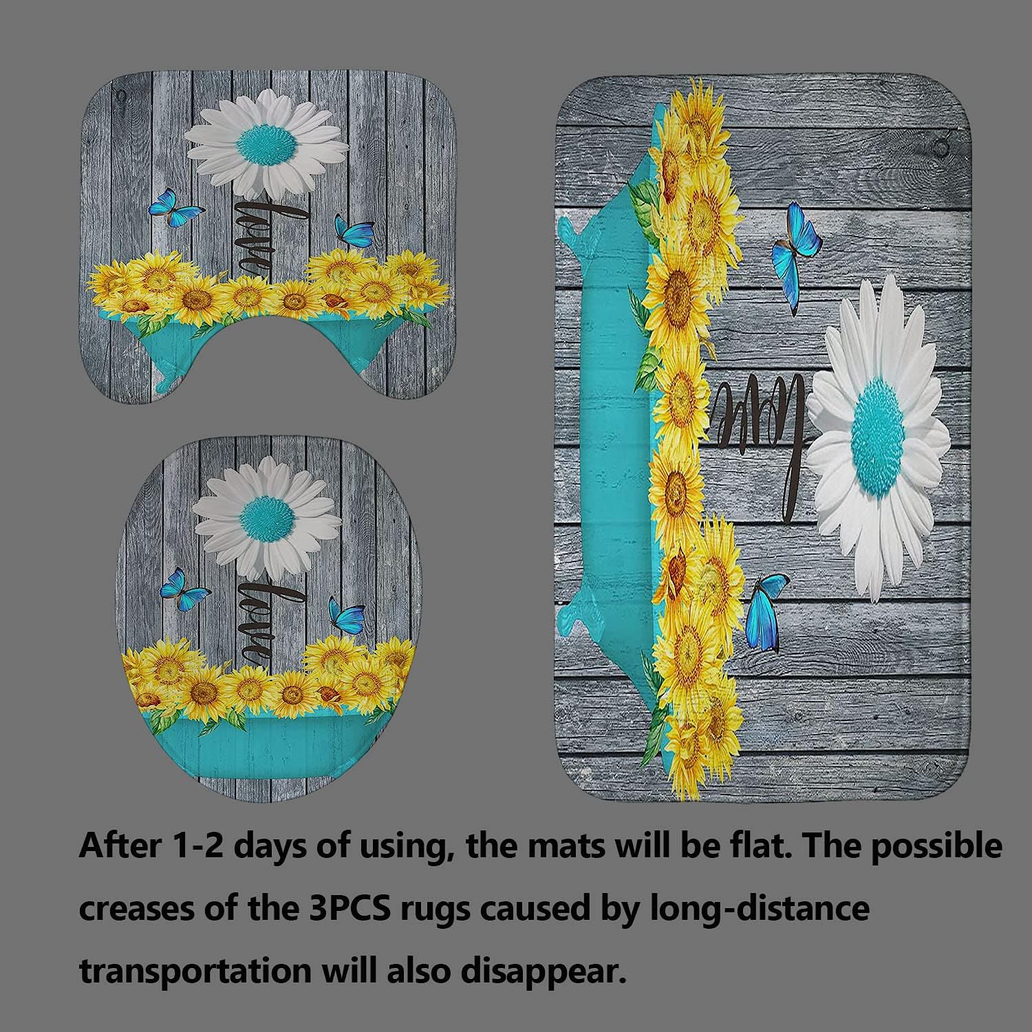 OLEBETY 4PCS Teal White Daisy Shower Curtain Set, Blue Butterfly Yellow Sunflower in Bathtub Vintage Grey Rustic Wooden Board Shabby Chic Country Farmhouse Bathroom Decor, Non-slip Bath Rugs Mat, Love