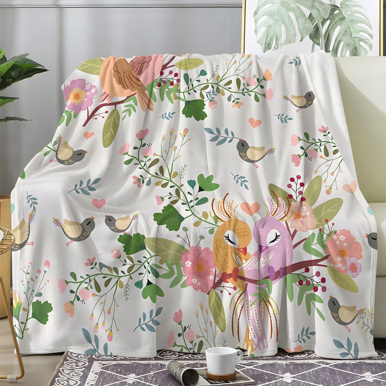 Couverture flanelle 150x200 cm plaid polaire oiseaux amoureux pour canapé et double lit 1 personne
