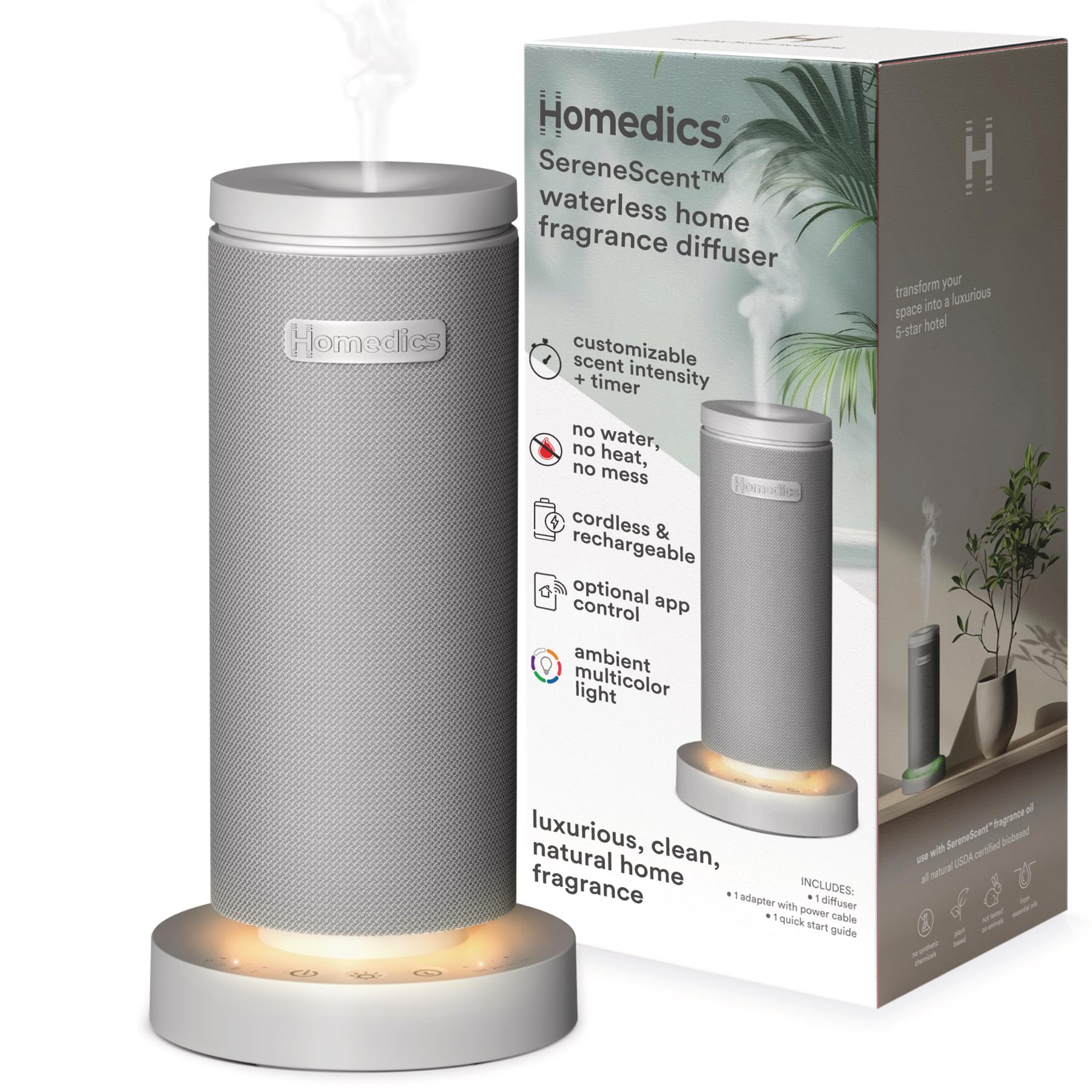 Homedics SereneScent Mini Fabric Rechargeable Waterless Diffuser, Cordless Aromatherapy Device, Use with SereneScent Oil 15ml (Sold Separately),