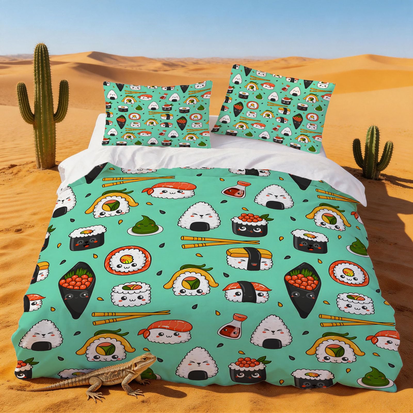 Housse de couette 220x240 sushis en microfibre douce imprimée parure de lit 2 personnes originale