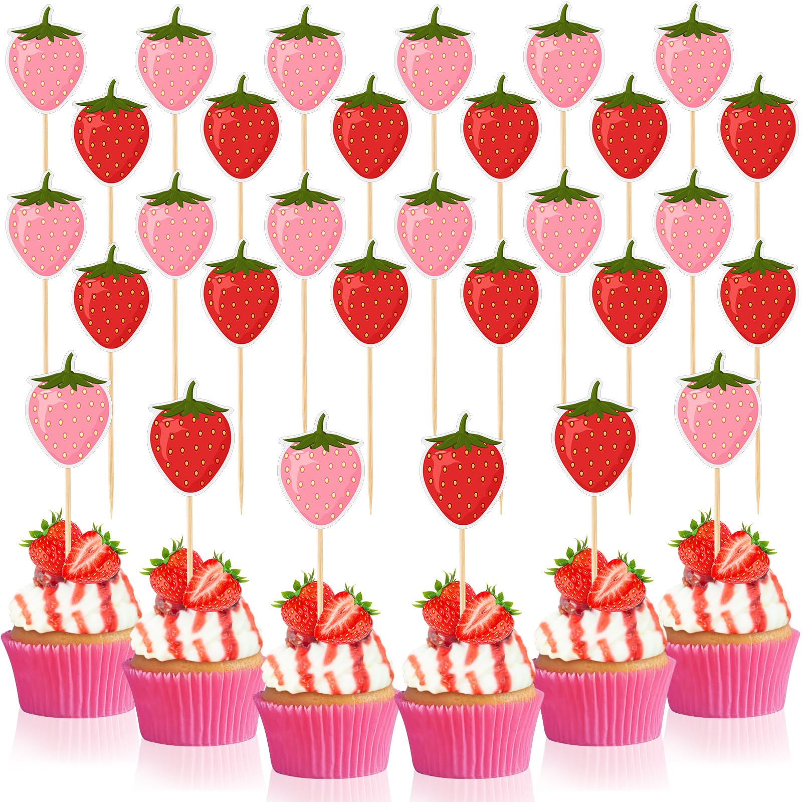 Teenyyou 48 Pcs Strawberry Cupcake Toppers Red Pink Strawberry Cupcake Picks Fruit Theme Berry Cake Topper Birthday Decorations for Birthday Party