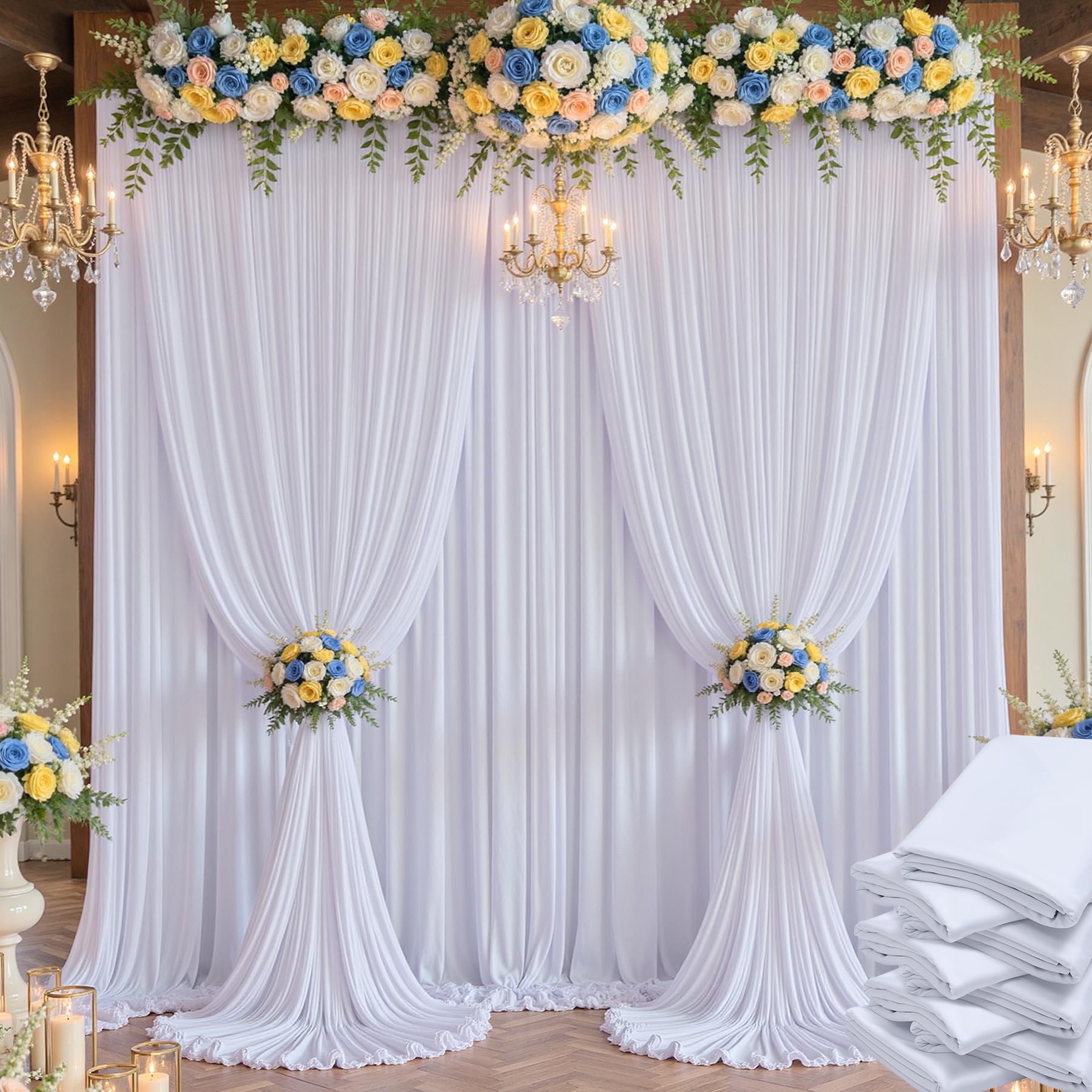 40×14 ft White Wrinkle Free Backdrop Curtain, Soft Silky Polyester Wedding Drapes 8 Panels 14ft Height Photo Backdrop Curtains for Parties Birthday