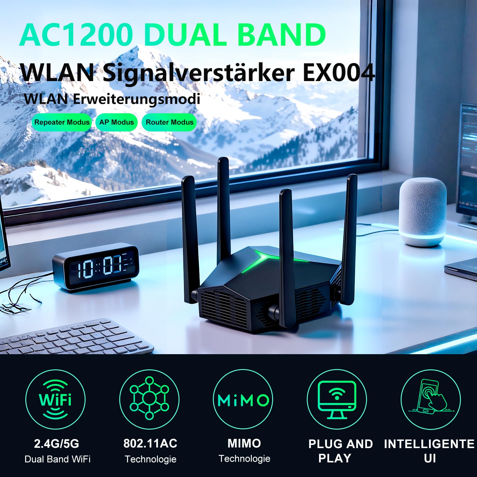 Répéteur WiFi, AC1200 Amplificateur de Signal WiFi Double Bande 2.4GHz et 5GHz, WiFi Extender Signal Booster avec 2 Port Ethernet, Jusqu'à 12000 Sq.ft (Noir)