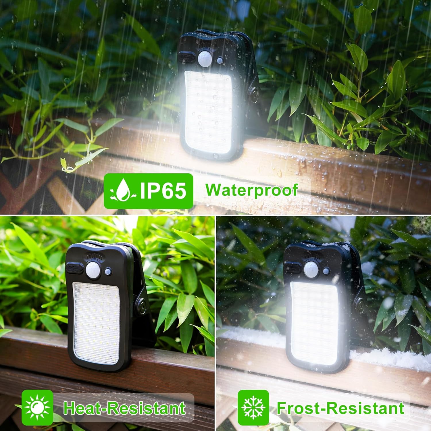 Clip on Solar Lights Outdoor Motion Sensor Lights 60 LEDs, 3 Modes, Dual Charging, Portable Waterproof Security Light for Fence, Deck, Camping, Grill (2 Pack)