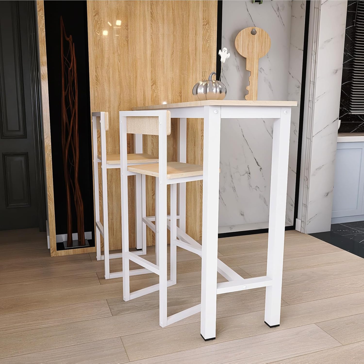 Bar Table and Chairs Set for 2, 43" Water-Resistant Counter Height Table, 27" Counter Height BarStools with Back and Footrest, Easy Assembly for Kitchen, Living Room, Small Space, Birch & White