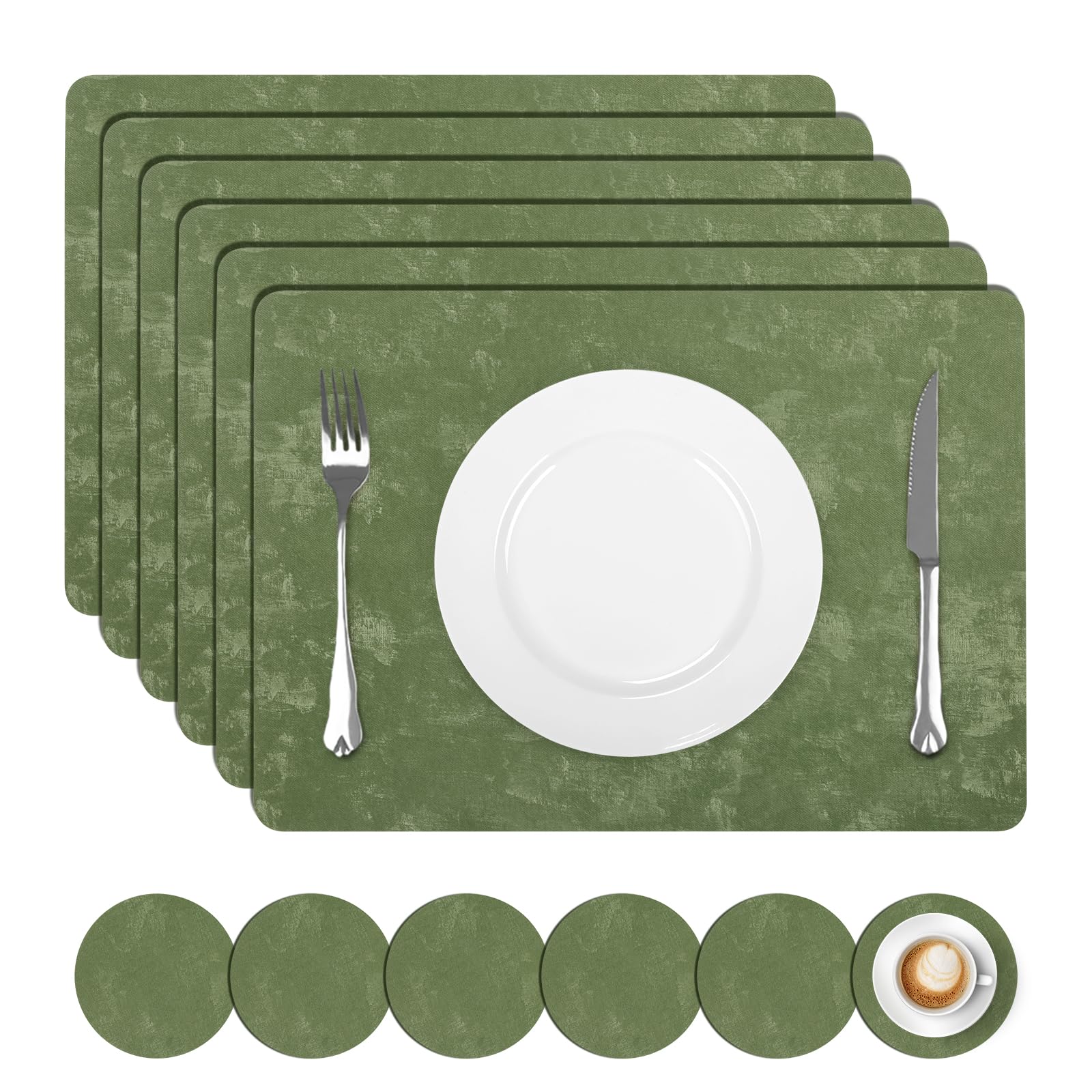 comfoyar PU Leather Placemats and Coasters Set of 6, 30x43cm Non-Slip Dual-Sided Heat Resistant Velvet-Like Place Mats, Waterproof Washable Table Mats for Kitchen Dining Party Decoration(Green)