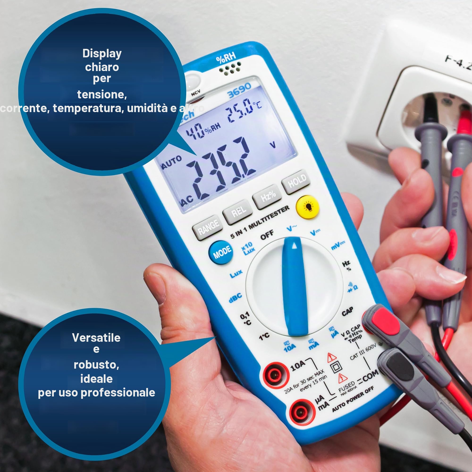 Peaktech 3690 – Multimetro Digitale 5 in 1, Luxmetro, Fonometro, Misuratore di Umidità, Voltmetro, Termometro, Multimetro Manuale, Tester di Continuità, 4000 Conteggi - 600 V