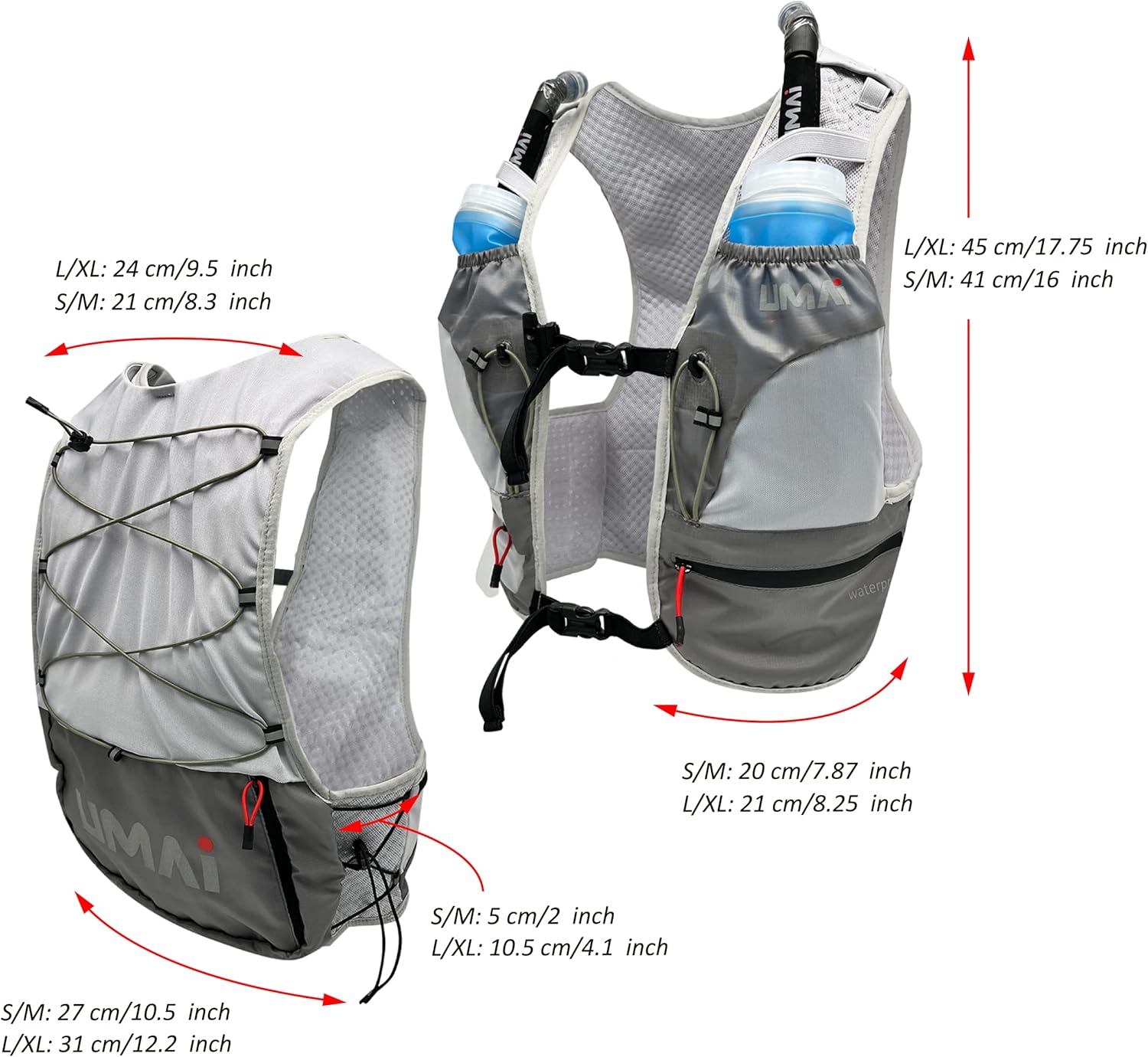 Umai Hydration Running Vest, Hydration Vest with Two Flasks, Grey