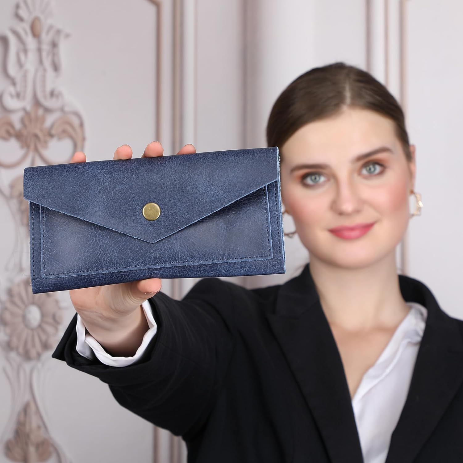 Blue Leather Cash Envelopes for Money Pouch Currency Holders - Soft Leather Money Bag Mobile Holder for Travel - Genuine Leathers Wallets for Women Money Bag - Travel Money Pouch Cash Holder - Image 2