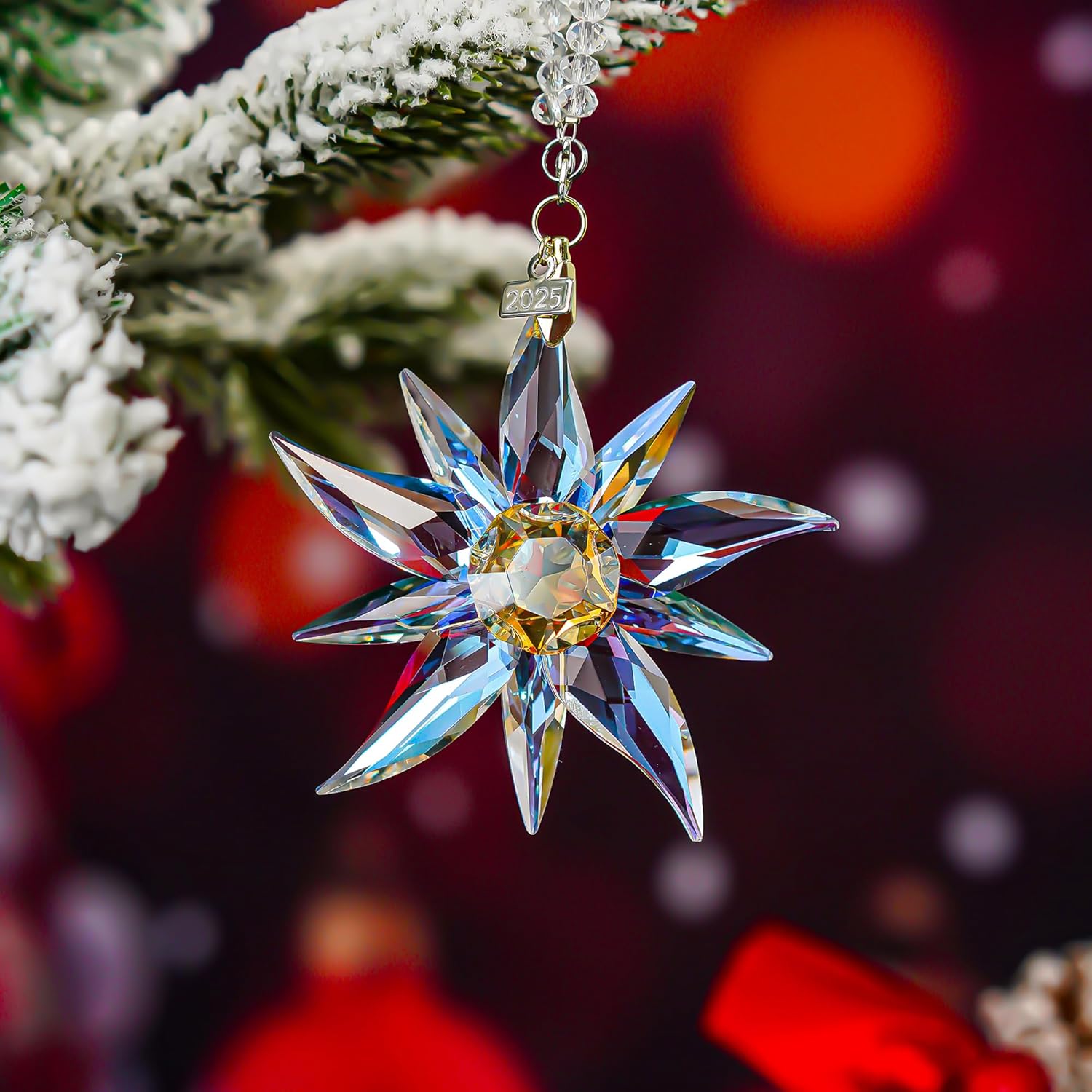 2025 Glass Christmas Edelweiss Ornaments Gold Crystal Snowflake Ornament for Christmas Tree Pendant Crystal Sun Catcher Hanging Decor (3.5in) - Image 8