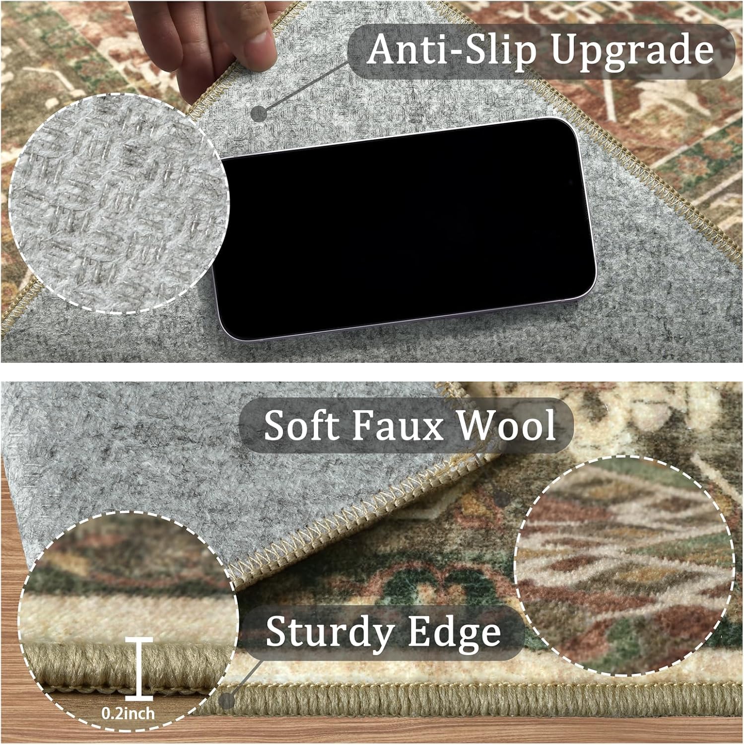 8x10 Machine Washable Area Rug for Living Room, Brown Green Boho Vintage Floral Rug Large Non-Slip Low Pile Soft Faux Wool Carpet, Kids and Pets Friendly for Bedroom Dining Room Farmhouse Decor Rug