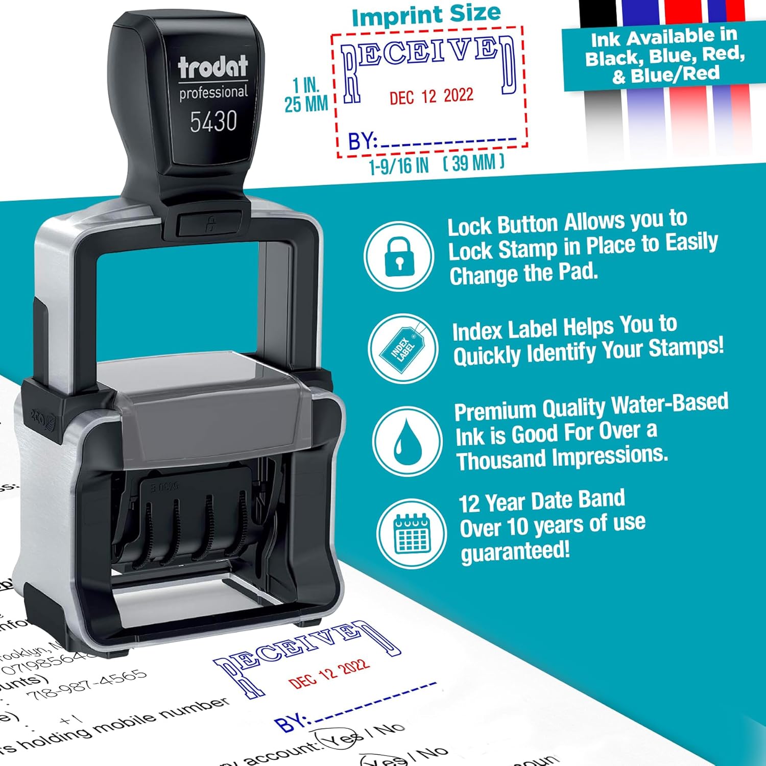 Trodat 5430 Professional Self-Inking Date Stamp with Received - Blue/Red 2 Color Ink