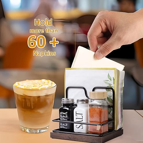 Miniatura 4 de Servilletero de madera, servilletero con organizador de sal y pimienta, dispensador de papel plano negro de granja para mesa de cocina, plato de