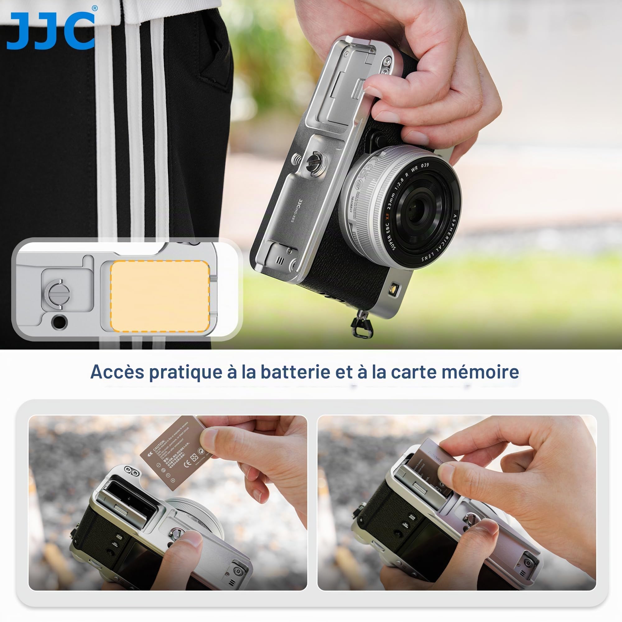 Poignée métallique en L JJC avec Bouton d'obturateur Compatible avec Fujifilm X-E5, XE5, Quick Release Arca, poignée avec Peak Design Capture Camera Clip V3, Emplacement SD intégré, Noir