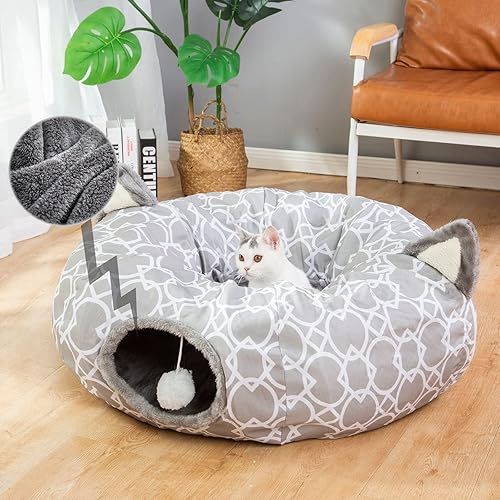 LUCKITTY - Cama de túnel geométrico para gatos bajo el árbol de Navidad Oxford para exteriores con interior de felpa, túnel colapsable con bolas,
