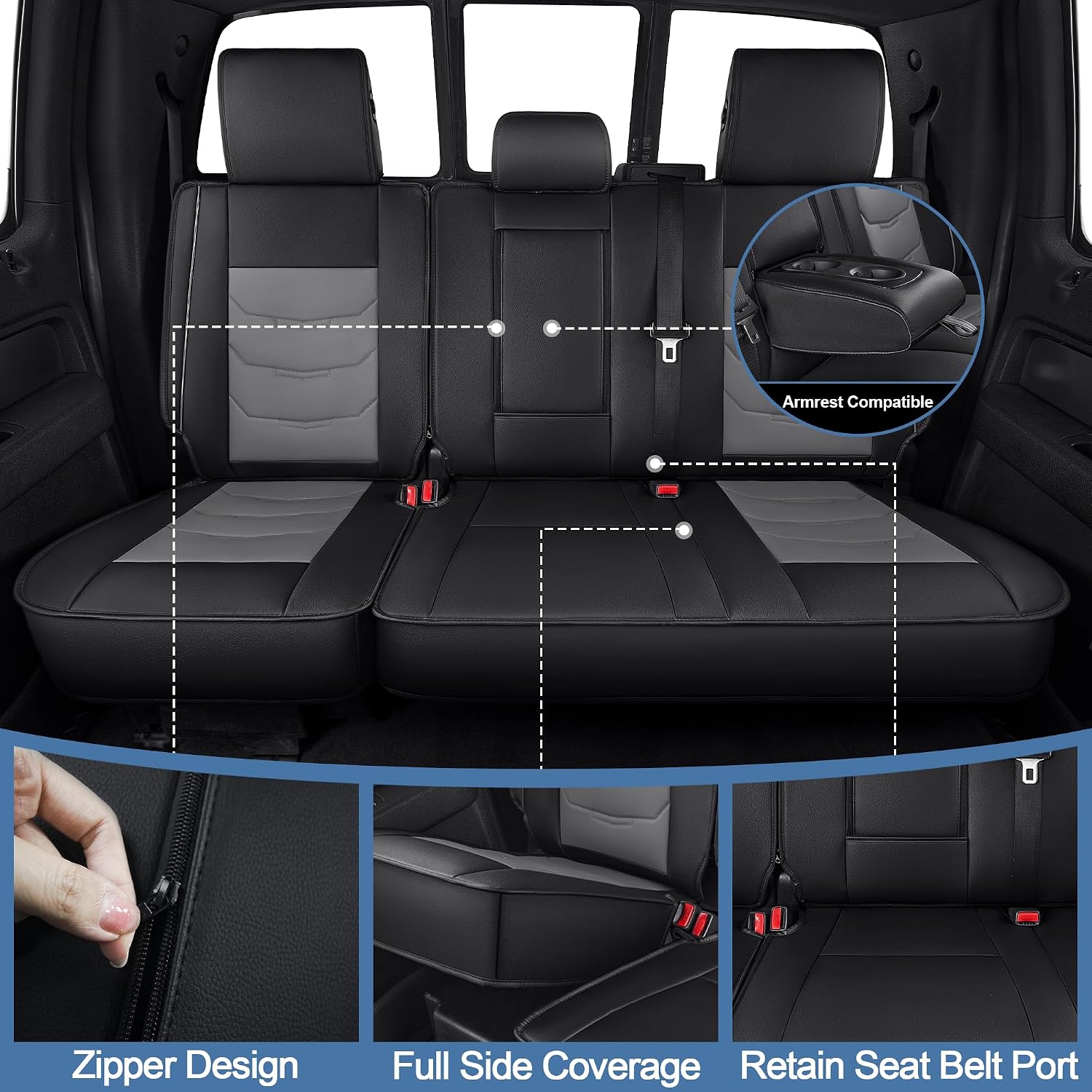 Full Ford F150 2009-2025 2026 Seat Covers F250/F350/F450 2017-2026 Waterproof Airbag Compatible Leather Seat Protectors for Crew Cab XL XLT Lariat King Ranch Platinum(Black&Grey,5 Full Set)
