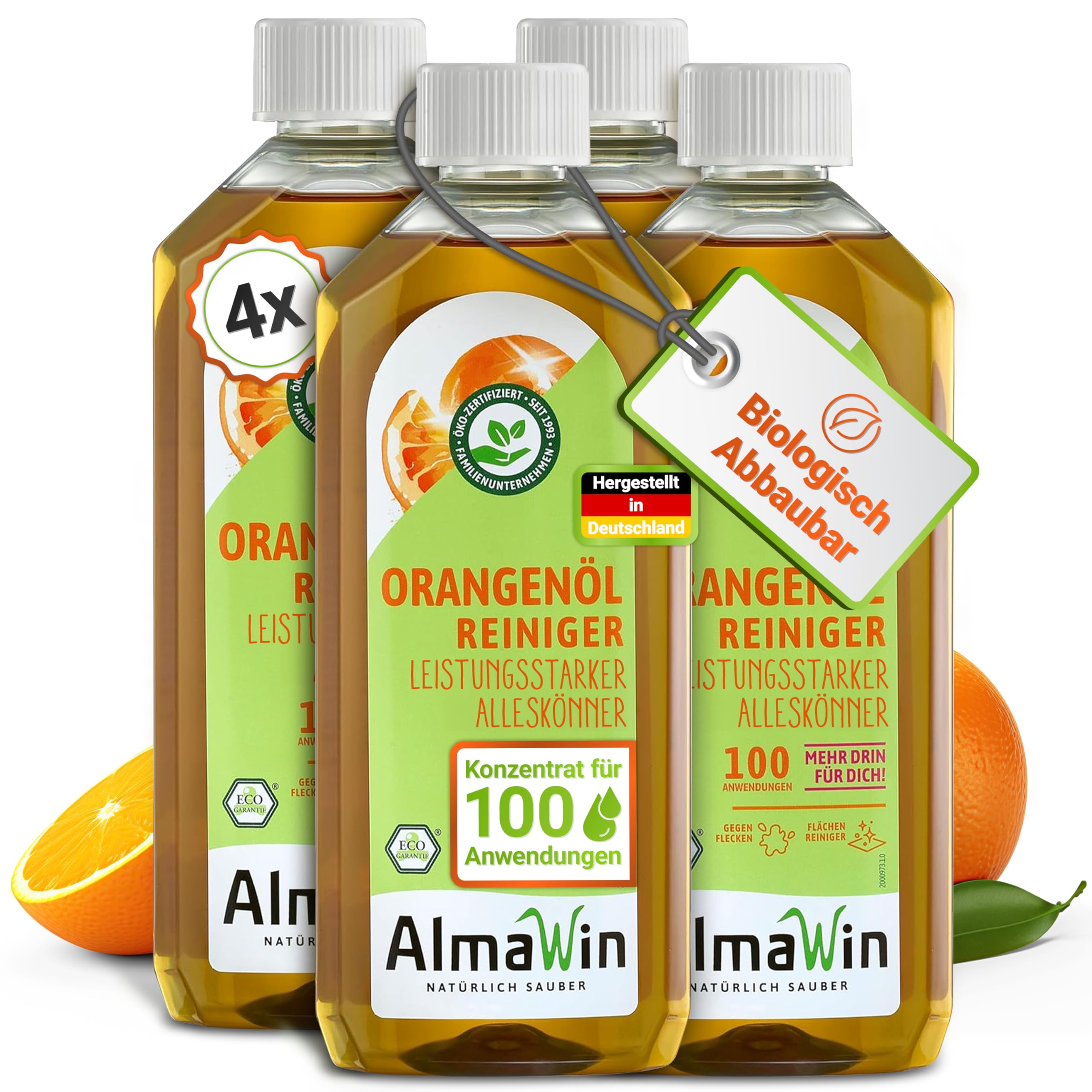 AlmaWin® Orangenölreiniger ÖKO [4x 500ml] ideal als starker Allesreiniger & Fettlöser - Veganes Orangenreiniger Konzentrat in recycelter Flasche - Besonders ergiebiger Orangenöl Reiniger