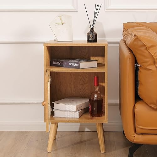 Miniatura 3 de Betterhood Mesita de noche de ratán, mesa auxiliar bohemia con cajón decorado de ratán hecho a mano, mesita de noche moderna de mediados de siglo