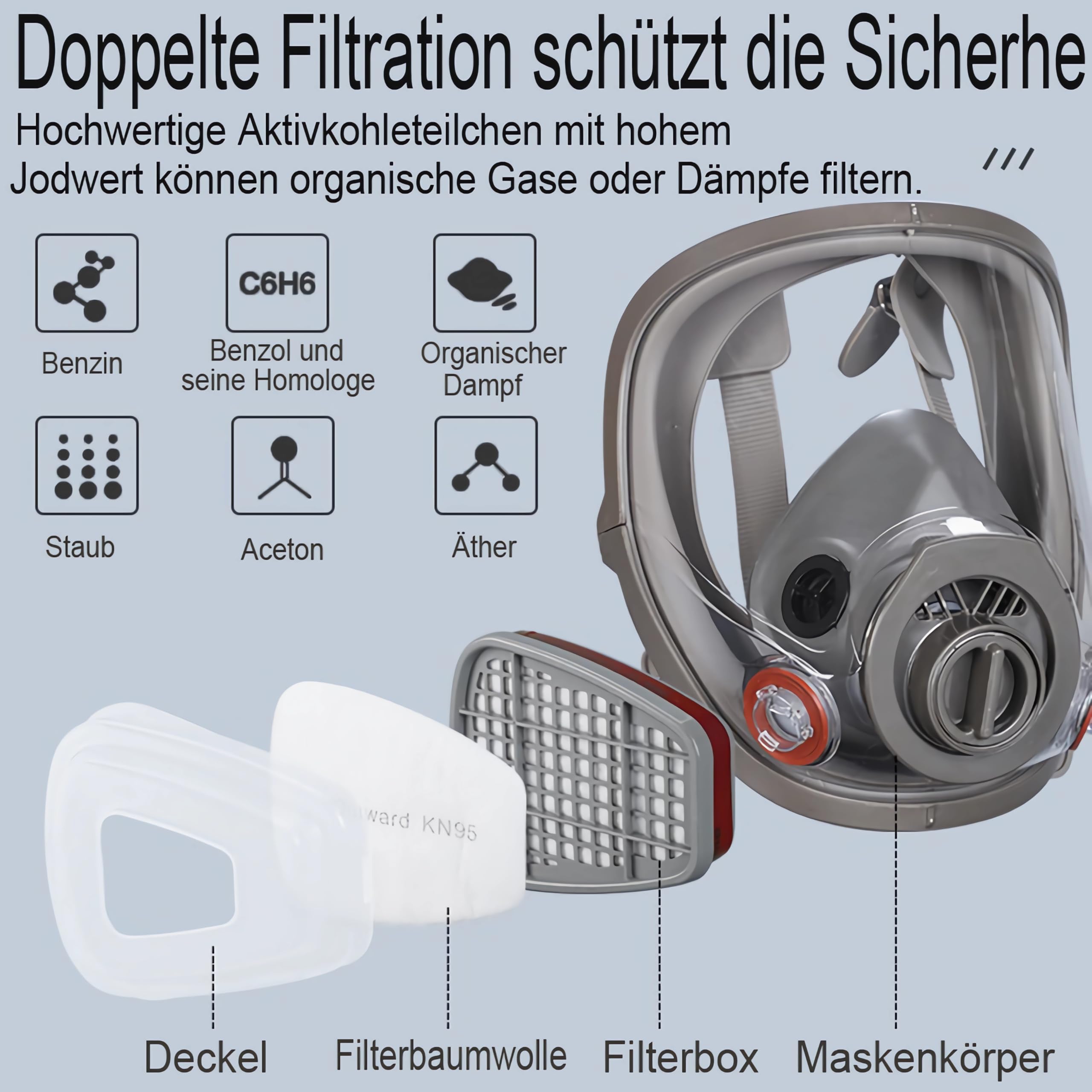 Professionelle Wiederverwendbare Vollmaske Abdeckung mit 2 Filtern, 20 Filterbaumwolle,für Malerei schützt, Gas, Farbe, Staub, Chemikalien und anderem Arbeitsschutz