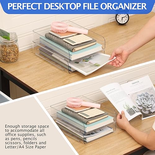 Miniatura 7 de Juego de 2 bandejas de escritorio para cartas, organización y almacenamiento de oficina, bandeja transparente de PET, organizador de documentos