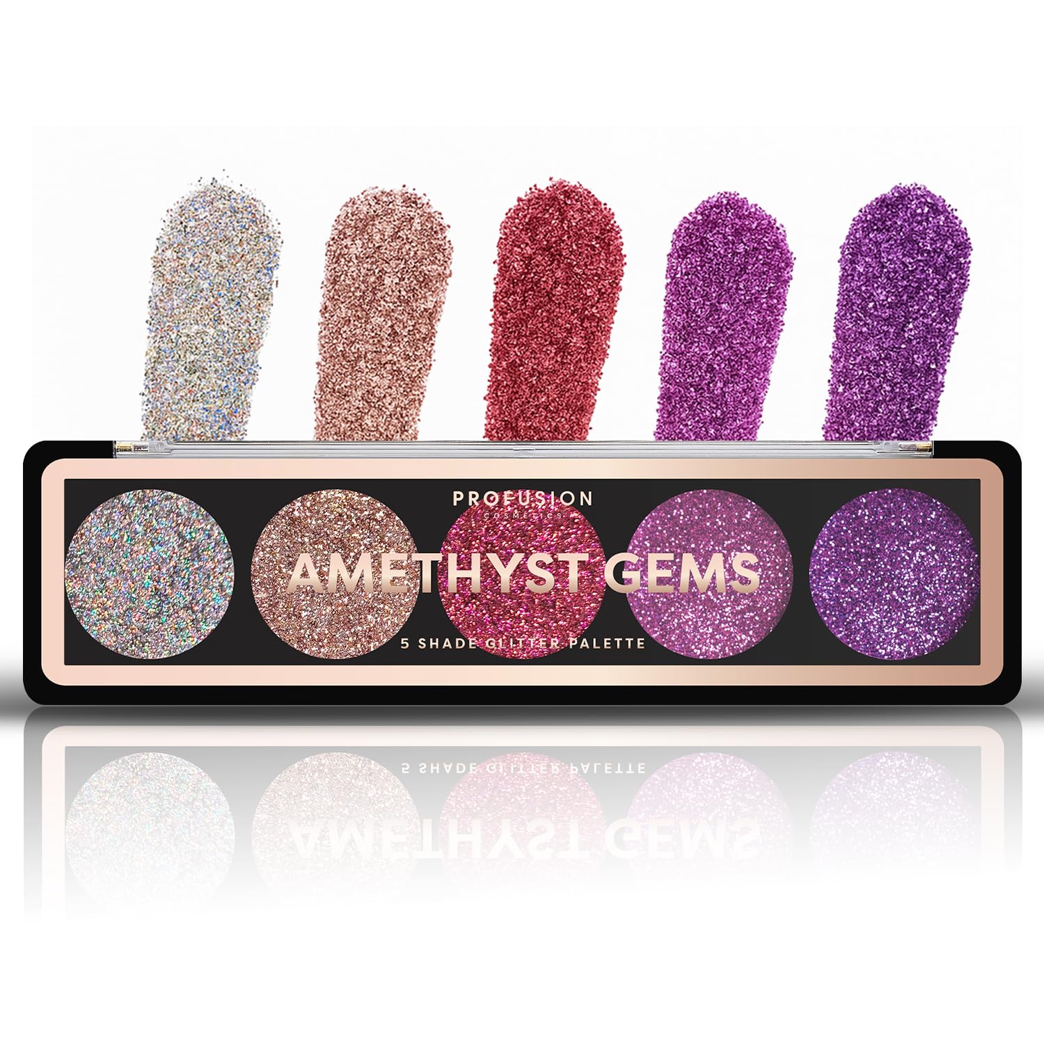Profusion Cosmetics 5 Shade Glitter Eyeshadow Palette - Vibrant Pressed Pigments with Built-In Primer and Dazzling Shine for Long-Wearing Sparkle Makeup Looks (Amethyst Gems)