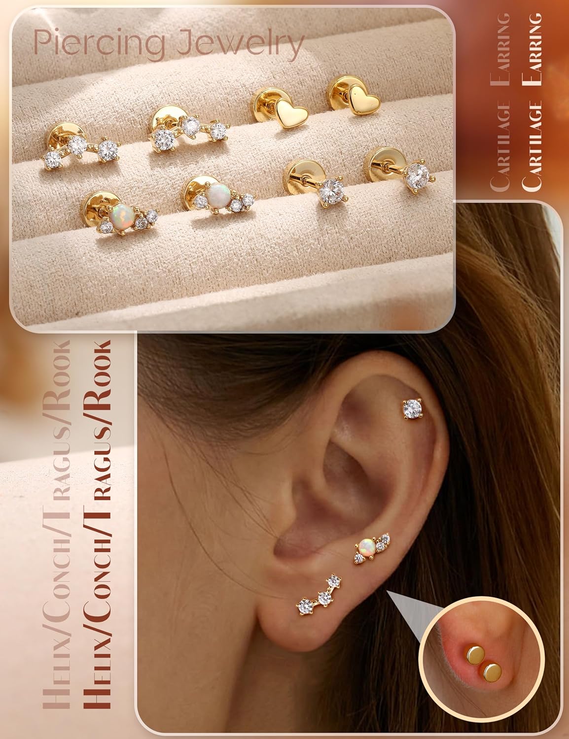 LOLIAS Dainty Hypoallergenic Flat Back Stud Earrings for Women Trendy | 14K Gold Plated Cartilage Earring Helix Conch Tragus Piercing Jewelry | Small Surgical Stainless Steel Earring Sets 20G - Image 5