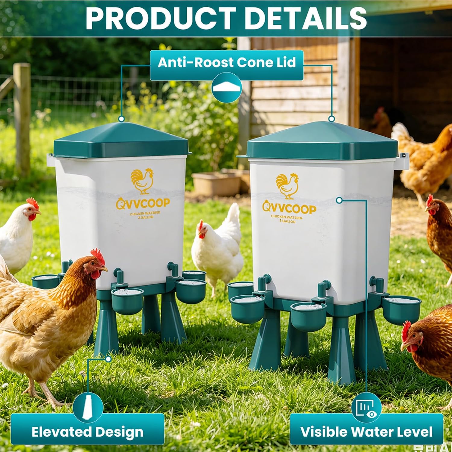 2-Pack 3 Gallon Chicken Waterer, Automatic Water Dispenser Container for Poultry Drinking, Stay-Clean Raised Watering Fountain for Duck Bird, Blue image 4