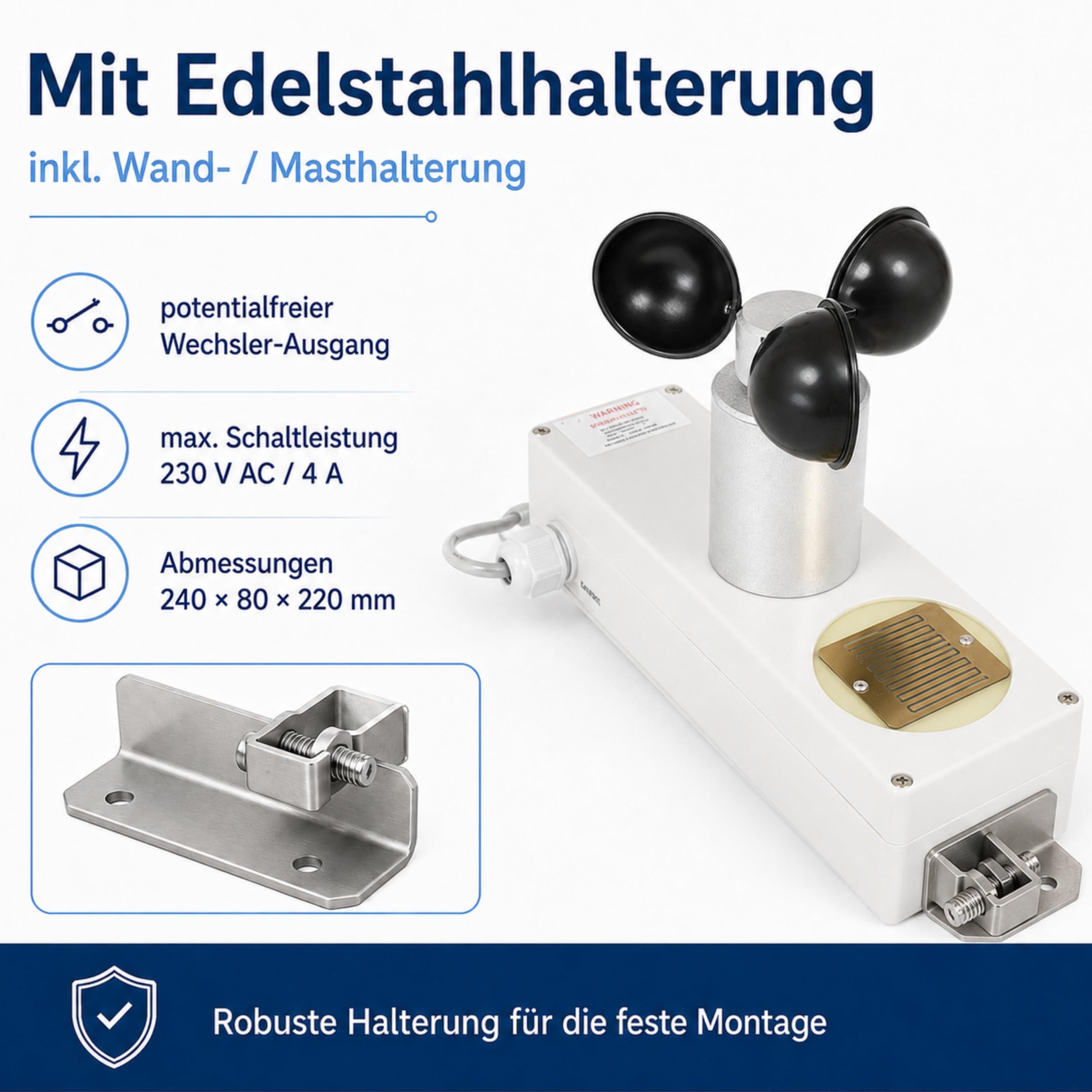 Wind und Regensensor Typ-Europa / 230V Sensor-Kombination mit beheizter Regenfühlerfläche - einstellbarem Windschaltpunkt - Masthalterung für Lichtkuppeln und Markisen
