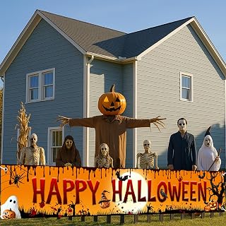 Happy Halloween Fence Banner Bloody Fence Cover Banner Yard Sign Scary Halloween Fence Backdrop Decoration for Yard Outdoor Garden Decor 98.5