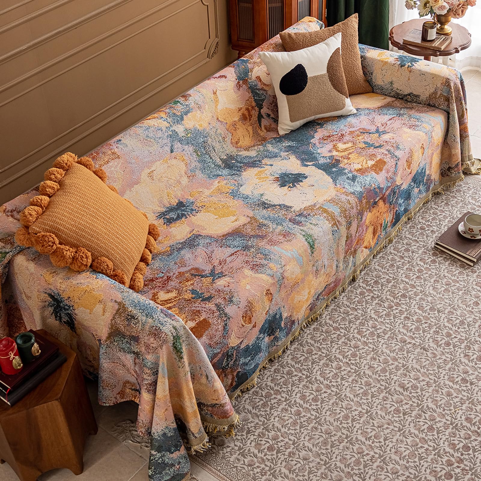 Copridivano Reversibile in Tessuto Poliestere: Motivi Pittorici Retrò, Doppia Faccia Traspirante e Resistente per Divano, Letto e Arredamento Multifunzionale 180 * 300cm-Mare di neve