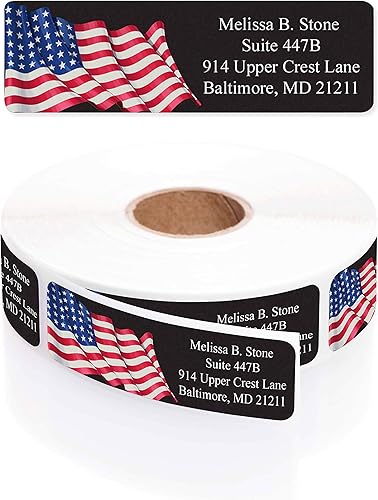 Etiquetas de dirección enrolladas con bandera estadounidense prismática metálica con elegante dispensador de plástico