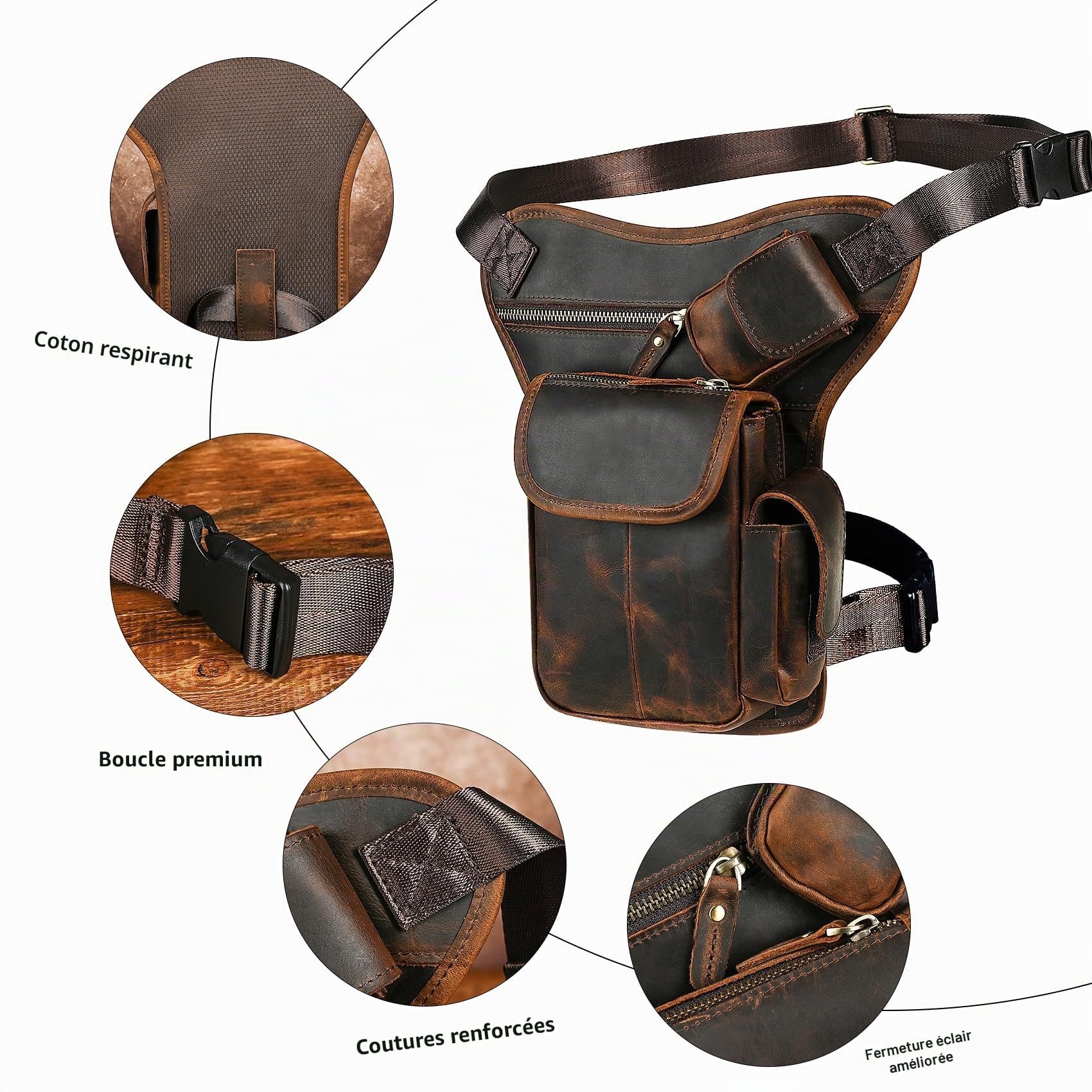 Toile Imperméable + Cuir Véritable Moto Fanny Sac de Taille Waist Bag Cuisses Sacs pour Les Jambes pour Hommes Femmes FB211-8 (100% Cuir véritable - x3106 Marron)