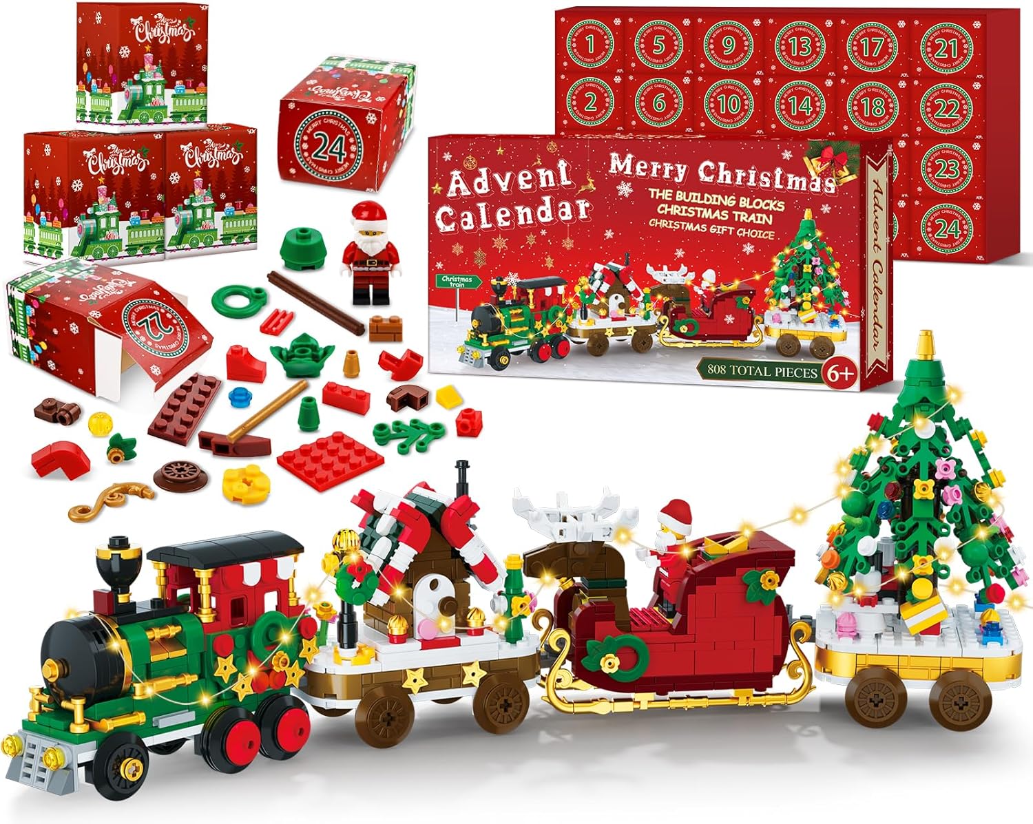 Advent Calendar 2025 Christmas Train Building Blocks Set, 24 Boxs Surprise Christmas Countdown Toy Building Kits With LED Light,Thanksgiving Xmas Gifts for Kids Adults
