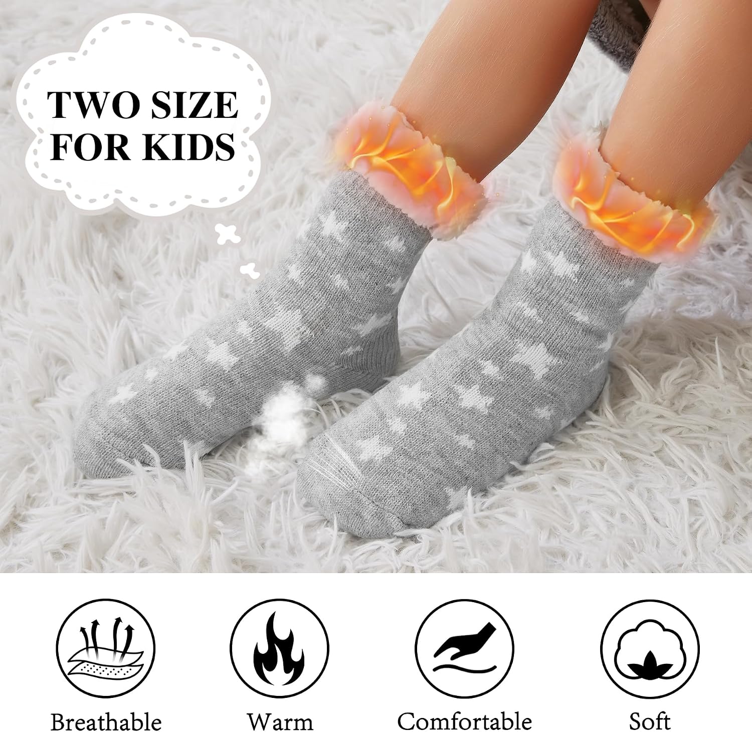 KFUBUO Kids Slipper Socks with Non Skid Bottoms Fleece-Lined Warm Fuzzy Socks