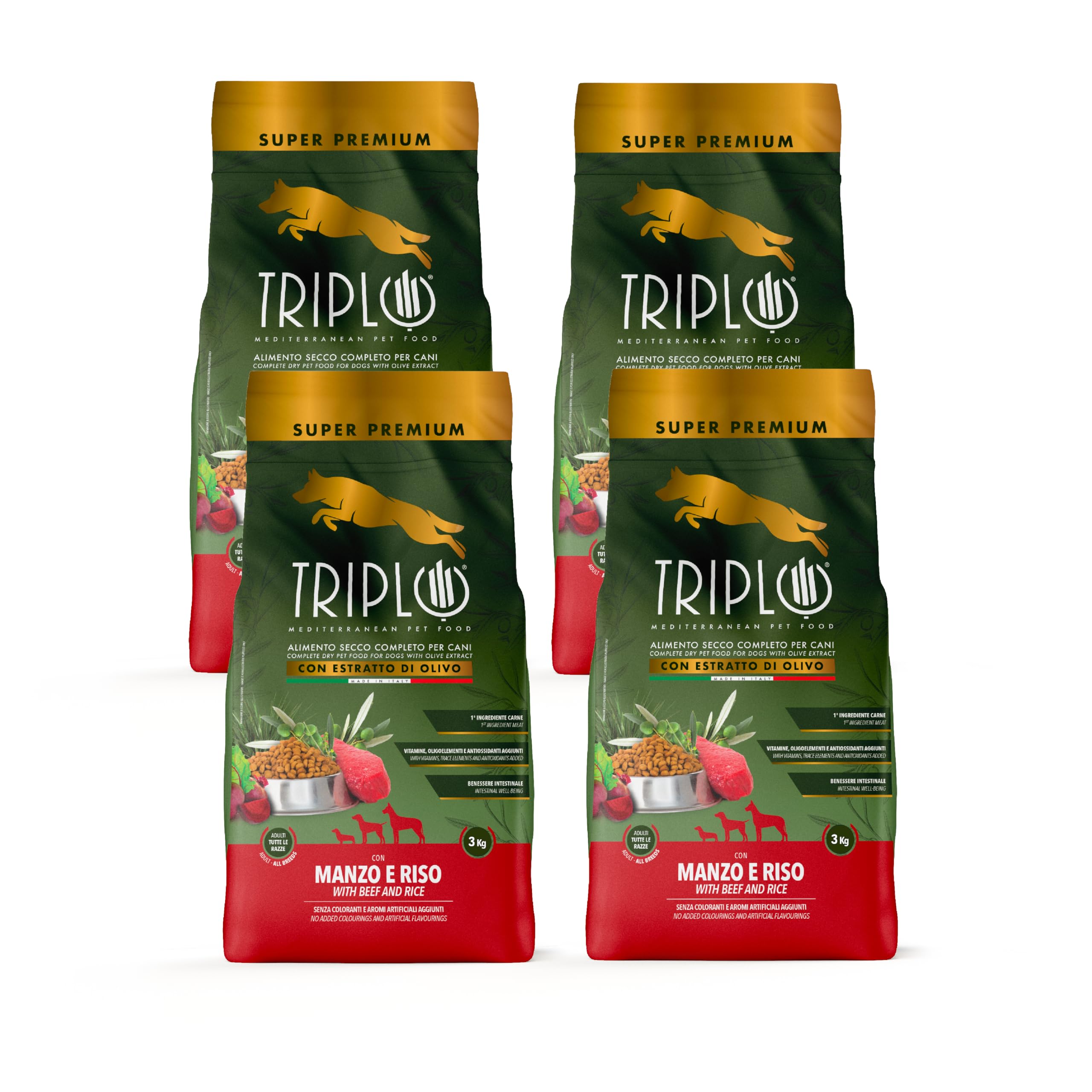 TerComposti - Triplo Pet Food Manzo e Riso 3kg x4, Ideale per Adulti di Tutte le Razze, Pelo Lucido e Folto, Crocchette Cani con Estratto di Olivo, Cibo per Cani Secco Nutriente e Bilanciato