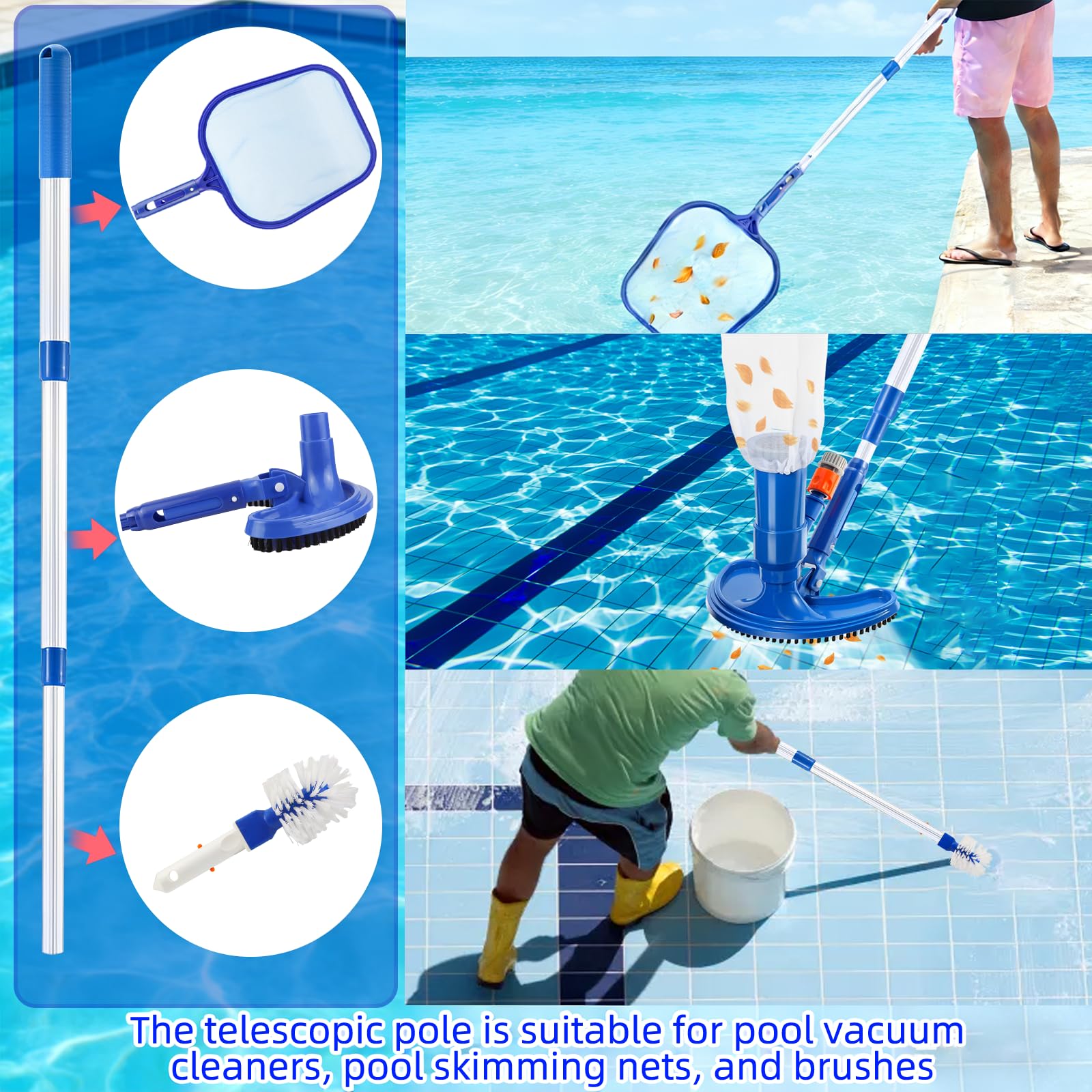 Kit de nettoyage de piscine - Aspirateur portable à jet - Kit d'entretien de piscine avec tige télescopique réglable - Brosse à récurer et filet de skimmer - Pour le nettoyage des feuilles, de la