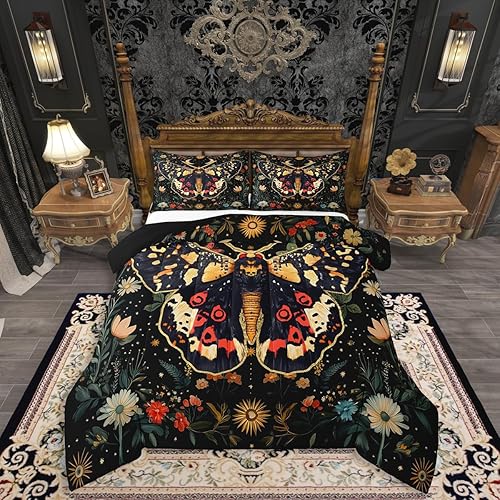 Erosebridal Halloween Boho Moth Bedding Set Queen, Gothic Nature Comforter Set Boho Exotic Vintage Floral Black Comforter for Kids Teens Youth Women Men Bedroom, Starry Sky Quilt with 2 Pillow Cases