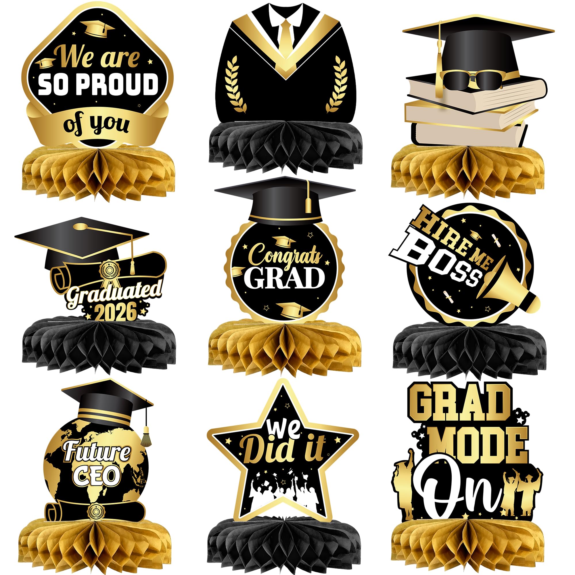 KatchOn, Black and Gold Graduation Centerpieces for Tables 2026 - Pack of 9 | Gold Graduation Centerpieces 2026 for Graduation Decorations 2026 |