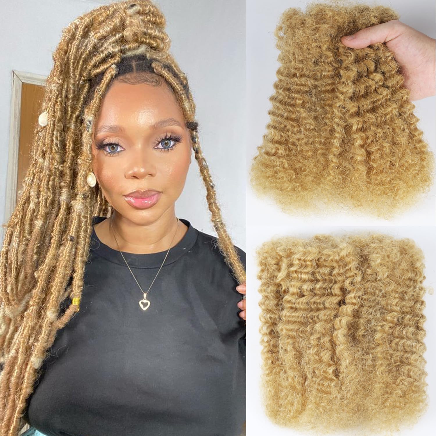 Afro Kinkys Bulk Human Hair for Braiding Afro Kinky-Curly Human Hair Bulk for Mini Twist Hair 14Inch 50g/pack Honey Blonde Bulk Human Braiding Hair for Micro Locs Extensions