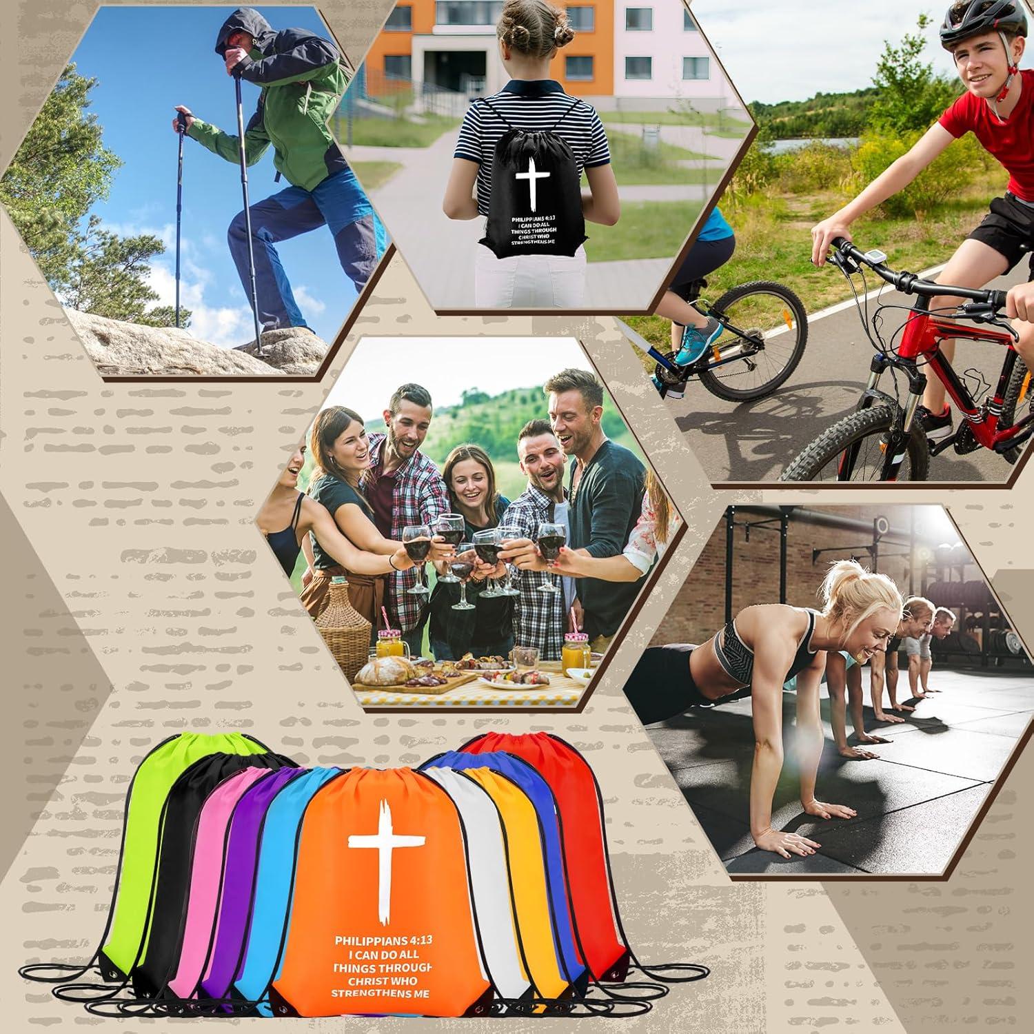 20 Pcs Christian Drawstring Backpack Bulk Religious Drawstring Bags VBS Gifts Bags Sunday School Gifts(Philippians 4:13)