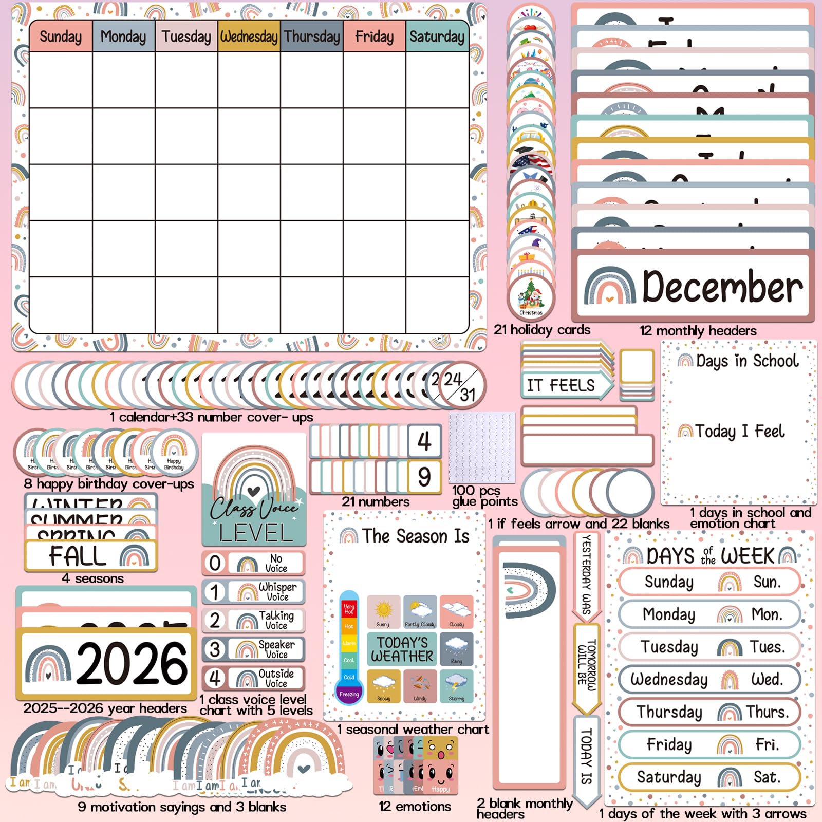 BelleAngle Calendario de arco iris, tablón de anuncios, calendario de estaciones, tabla meteorológica para decoración de pared de aula escolar