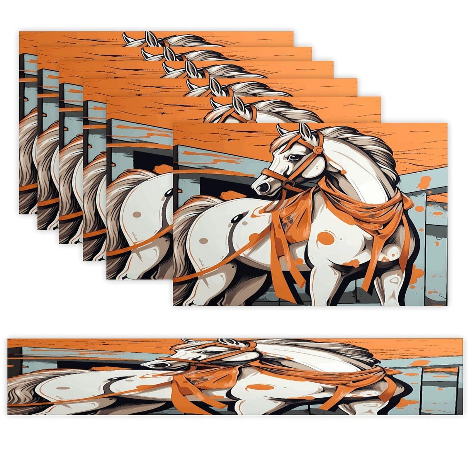 A Cartoon Horse Table Runner and Placemats Set of 6 Wipe Clean Heat Resistant Table Mat with Table Runner Decorations Flax Linen Place Mat Set for Home Kitchen Party Supplies