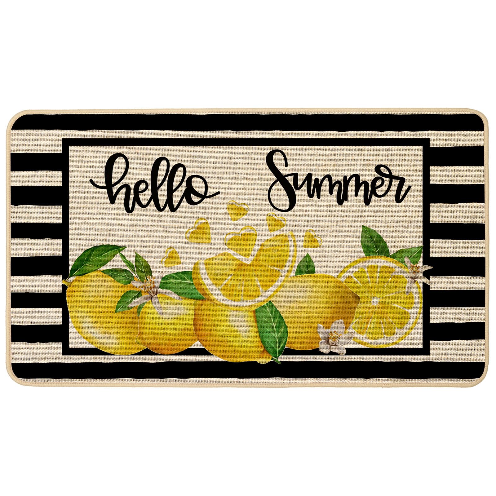 Baccessor Hello Summer Lemon Doormat Outdoor Outside Black Stripes Cool Cute Fruit Front Welcome Door Mat Rug Anti-Slip Rubber for Seasonal Kitchen