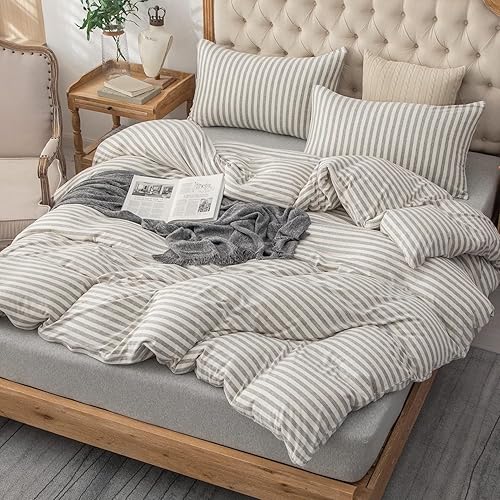 Miniatura 4 de PURE ERA Juego de funda de edredón de punto de jersey, 100% algodón jaspeado, súper suave, cómodo, diseño clásico a rayas, con cierre de cremallera,