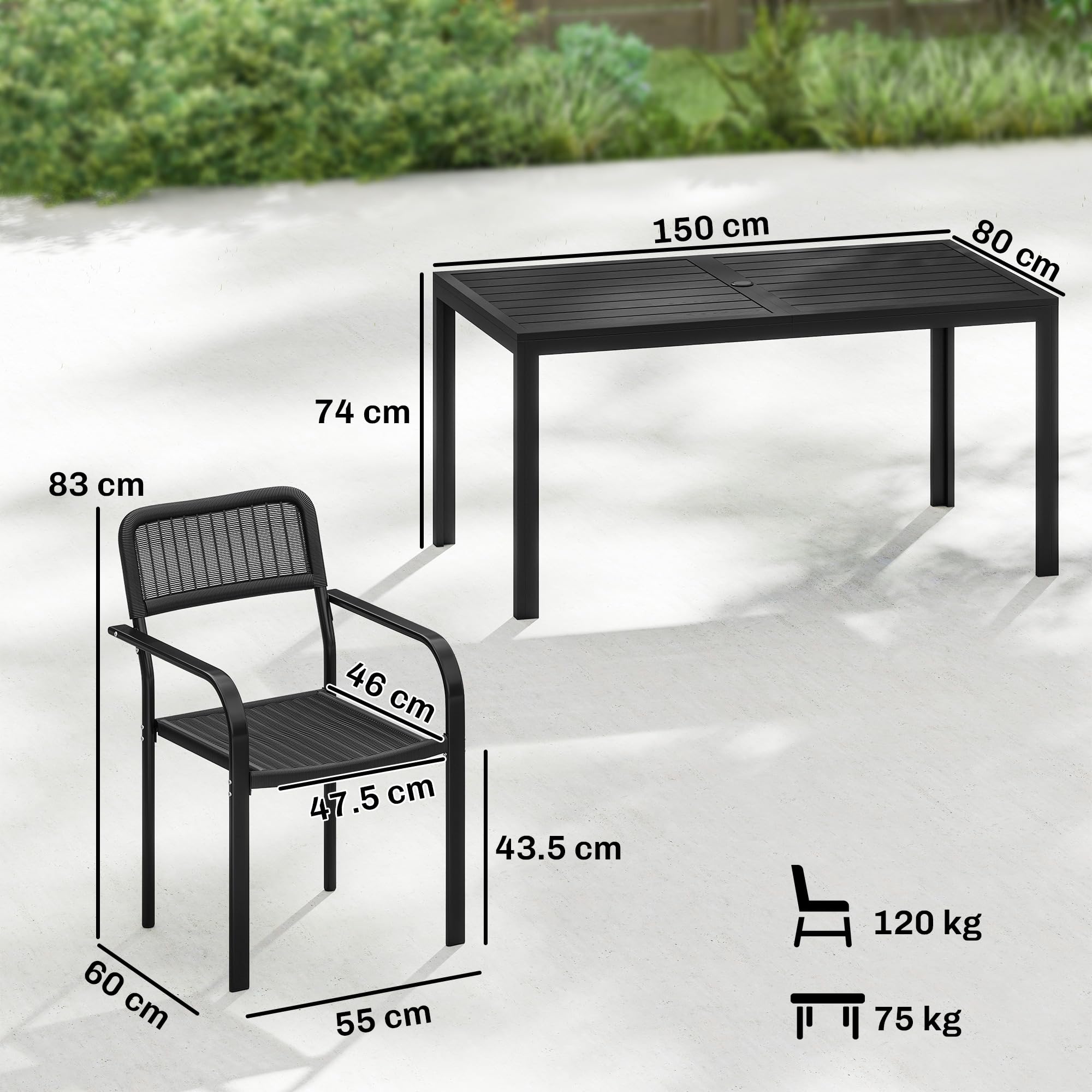 Outsunny Set Tavolo e Sedie da Giardino 7 Pezzi, Set da Pranzo Esterno con 6 Sedie Impilabili in Plastica Finto Rattan e Tavolo in Metallo Effetto Legno, Nero
